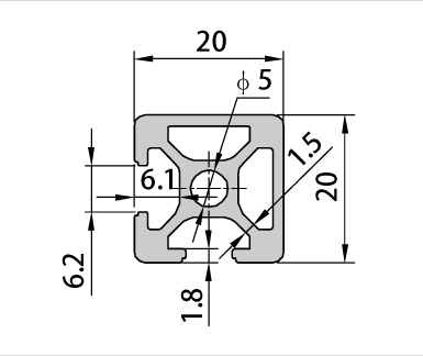 2020-2N90工業鋁型材截面圖 2020-2N90工業鋁型材截面圖